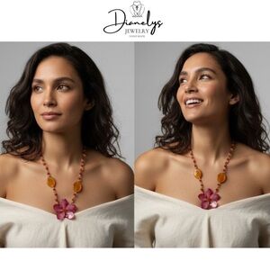 Real Plumeria Flower in Resin Necklace with orange, red, gold beads and accents